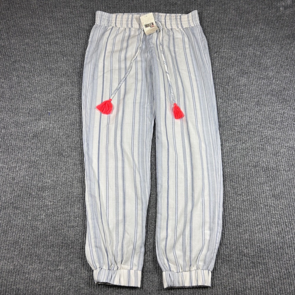 Miken Swim Pants Womens L Blue White Striped Linen Blend Jogger Tassel New